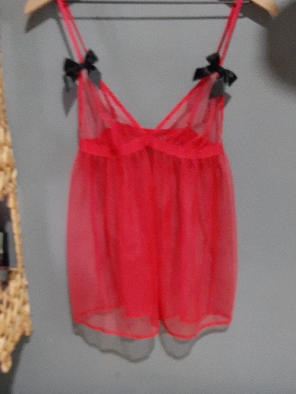Victoria's Secret Red Sheer Babydoll with Black Bow Straps